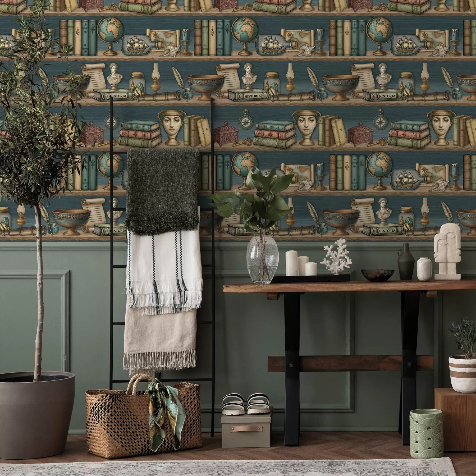 Wall Mural Photo Wallpaper Vintage shelves with books, a globe and sea curiosities a01036