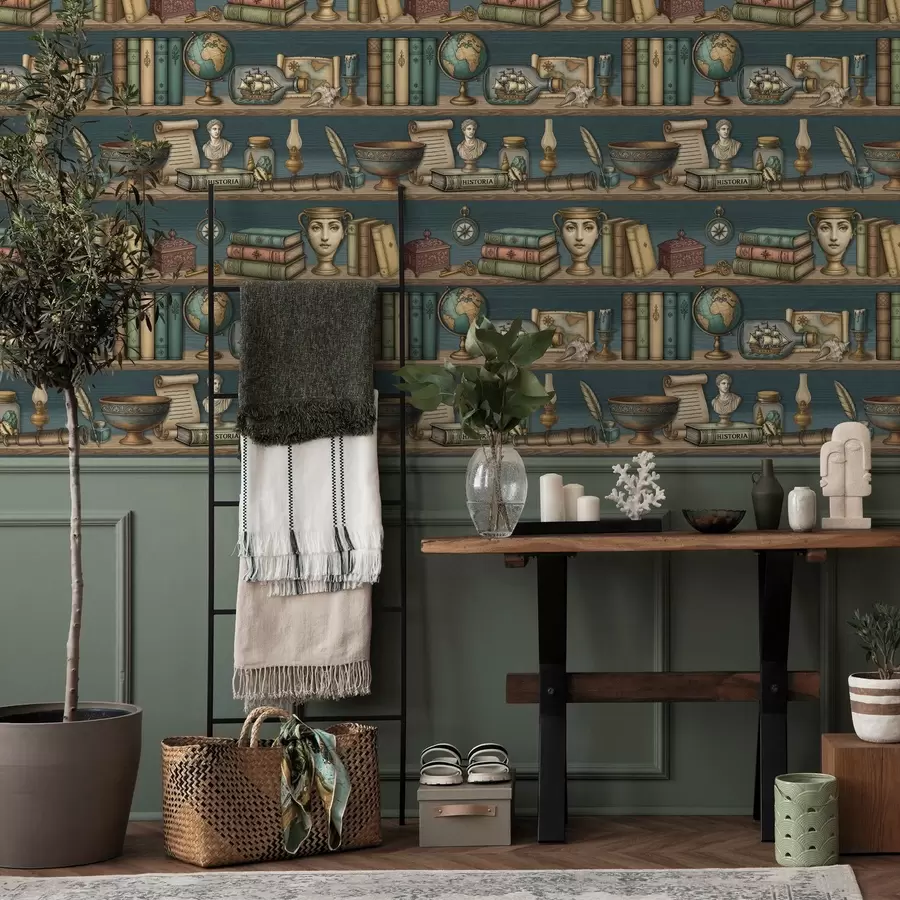 peintures murales Étagères vintage avec des livres, un globe terrestre et des curiosités marines a01036