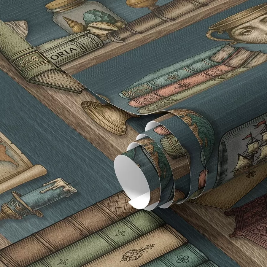 peintures murales Étagères vintage avec des livres, un globe terrestre et des curiosités marines a01036