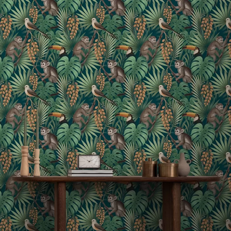 Wall Mural Photo Wallpaper Monkeys and tropical birds in dense jungle foliage a01037