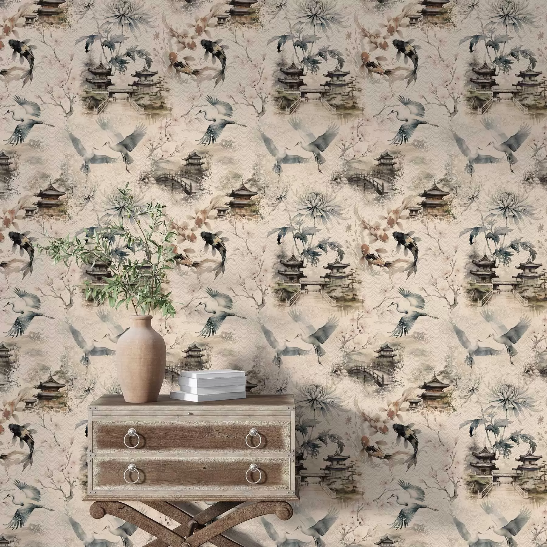 Wall Mural Photo Wallpaper Japanese temples, koi fish and cranes on a soft background a01040