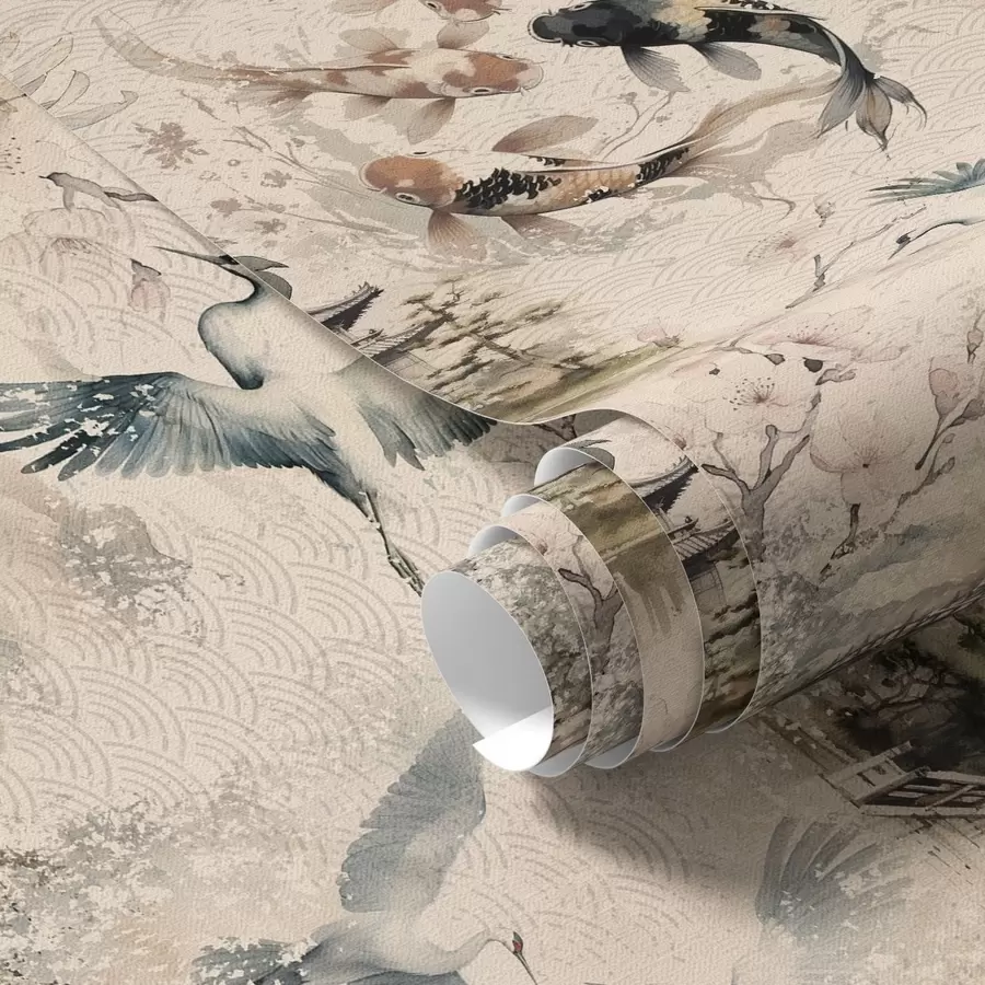 wall murals Japanese temples, koi fish and cranes on a soft background a01040