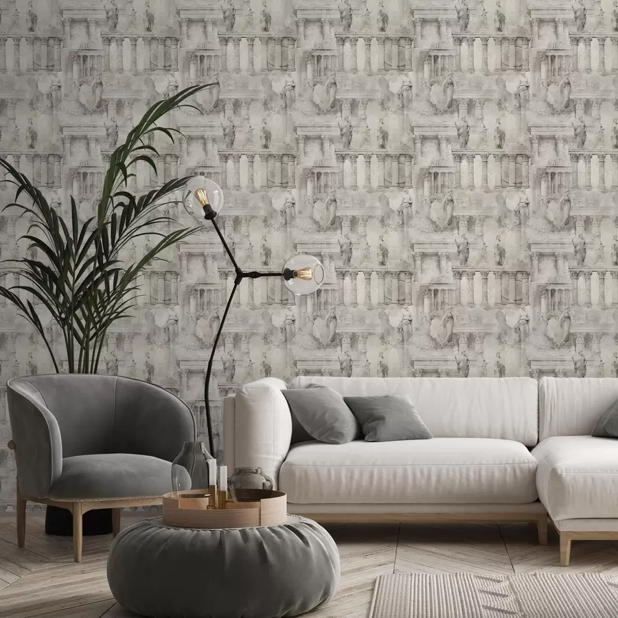 peintures murales Statues et colonnes antiques dans des tons doux beige-gris a01041