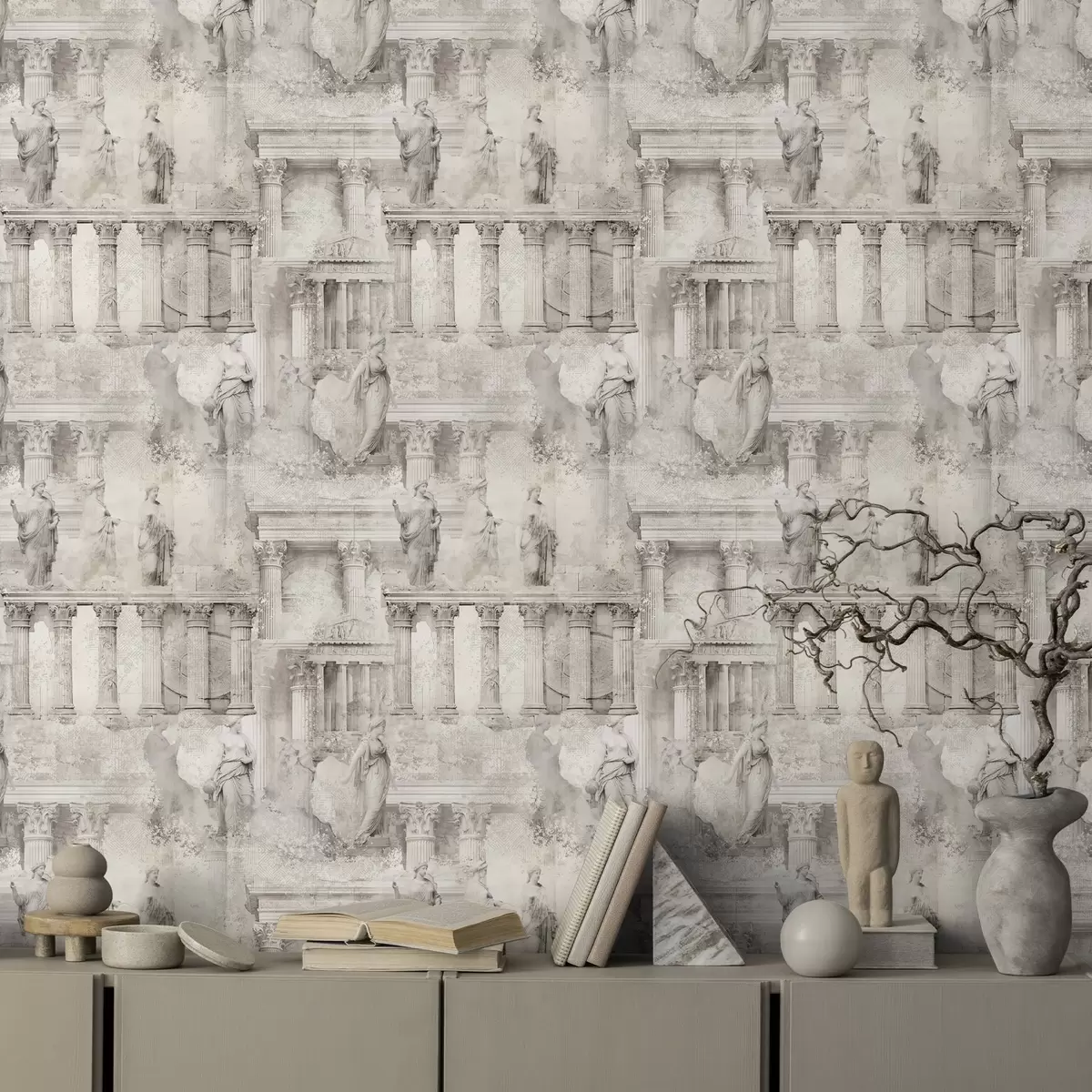 Papel pintado Estatuas y columnas antiguas en suaves tonos beige grisáceos. a01041