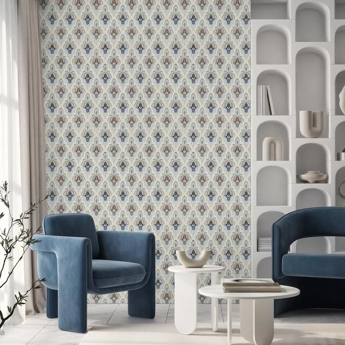 Papier peint Motif oriental composé de petits carreaux dans une palette bleu sable a01044