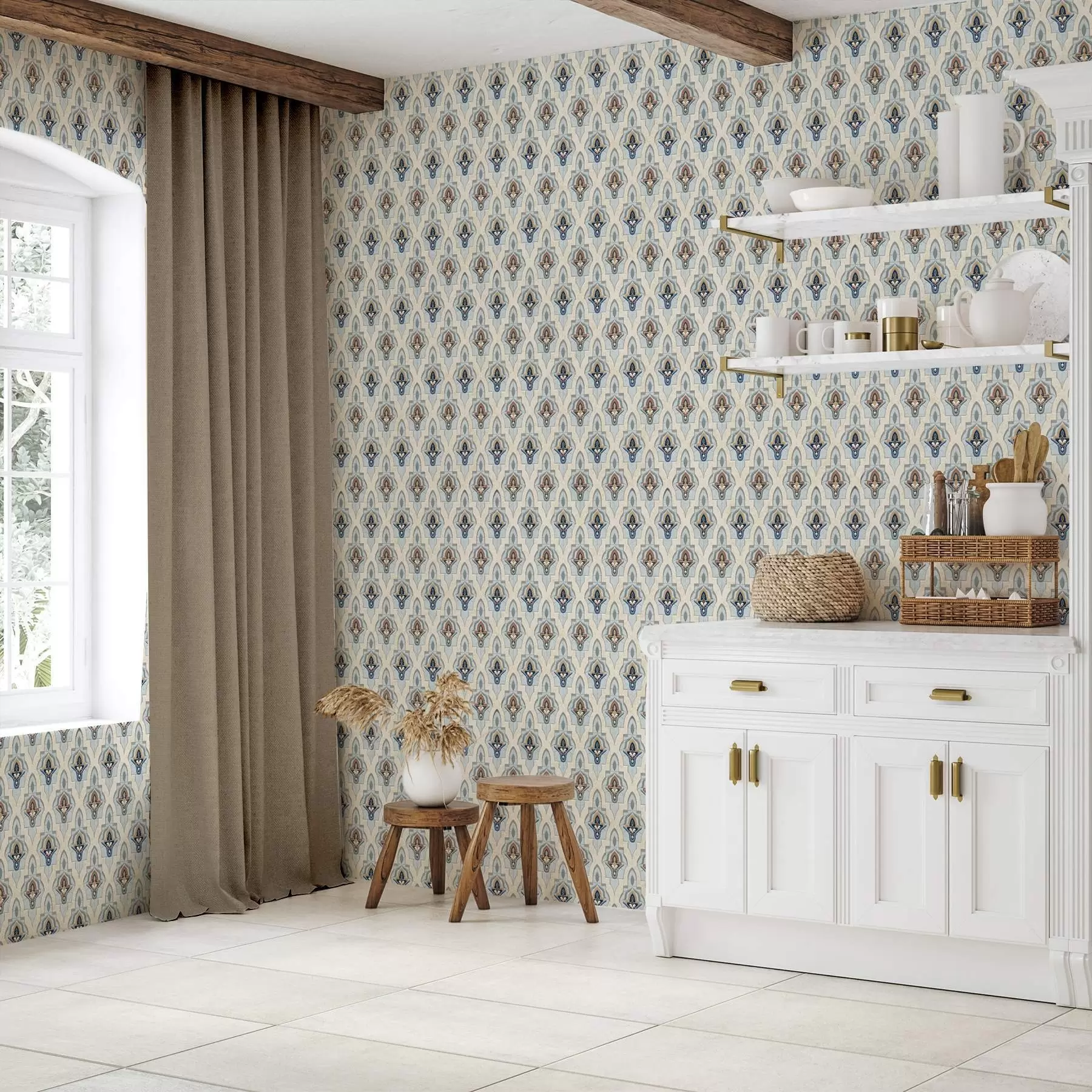 Wall Mural Photo Wallpaper Oriental pattern of small tiles in a blue-sand palette a01044