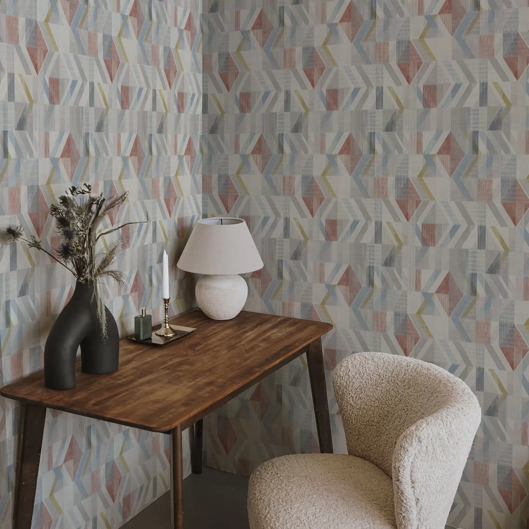 murales Flechas geométricas en tonos rojos y azules pastel a01056