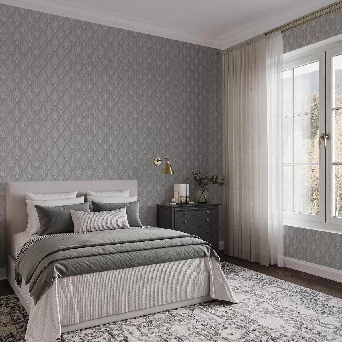 Wallpaper Grey Art Deco with fan-shaped forms a01064