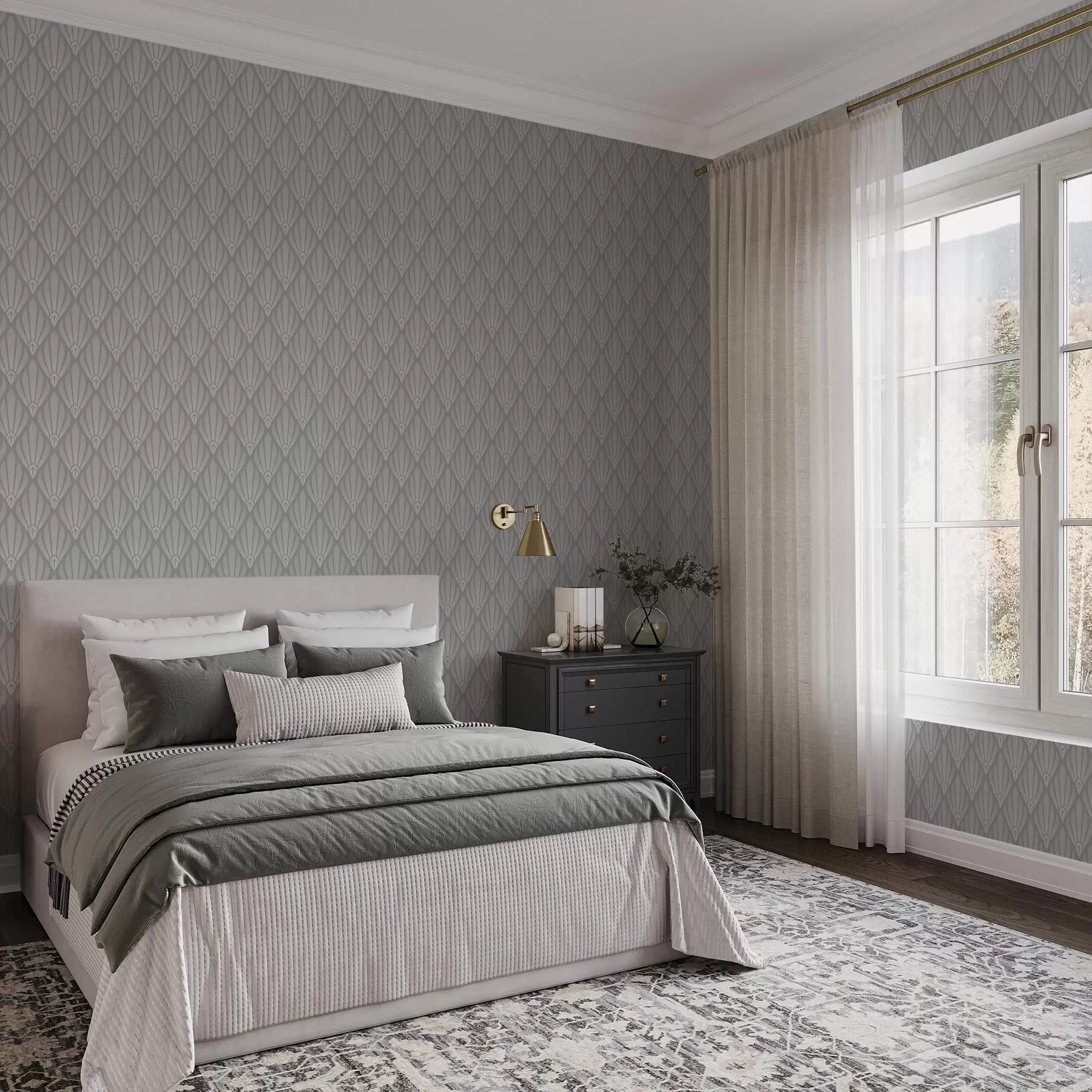 murales Art Déco gris con formas en forma de abanico a01064