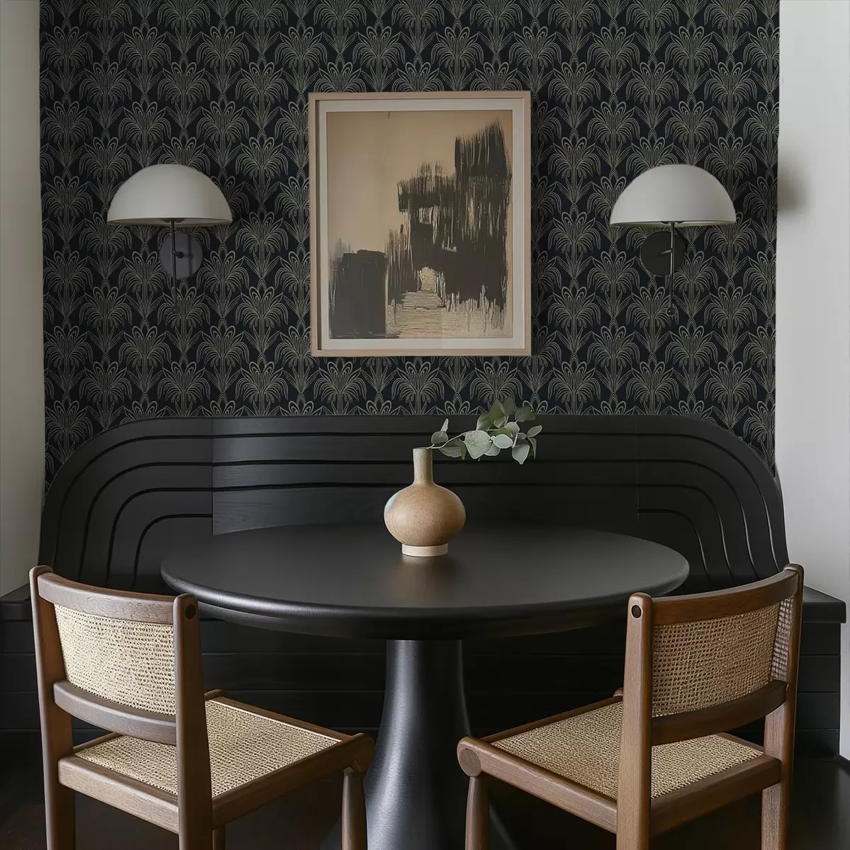 Wallpaper Dark Art Deco ornament with stylised plants a01065