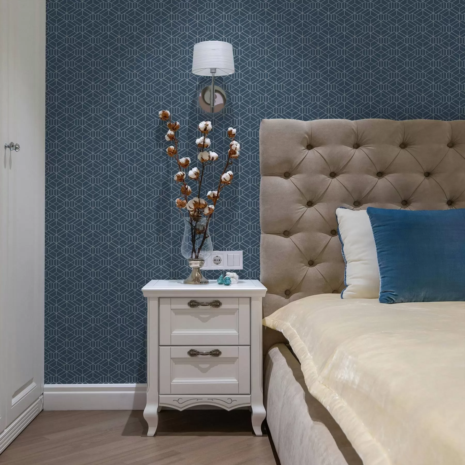 wall murals Blue background with white linear cubes in a grid a01067v1