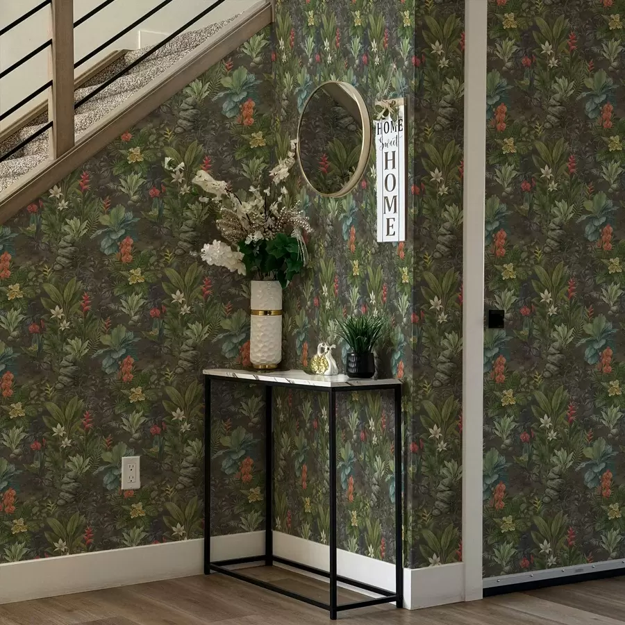 Wall Mural Photo Wallpaper Dark tropical garden with bright flowers and foliage a01079