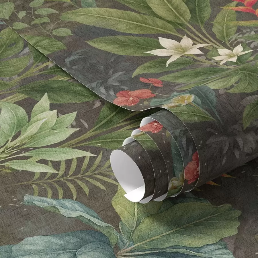 wall murals Dark tropical garden with bright flowers and foliage a01079