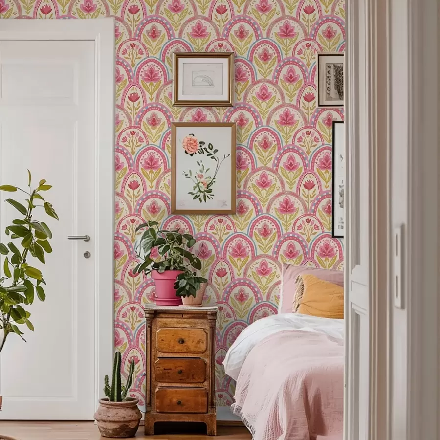 murales Arcos con flores rosas en un diseño de estilo folclórico. a01080