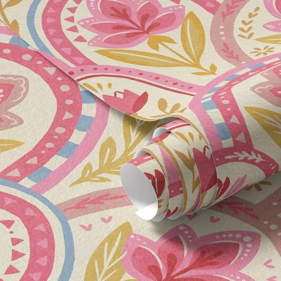 peintures murales Arches avec des fleurs roses dans un motif de style folklorique a01080