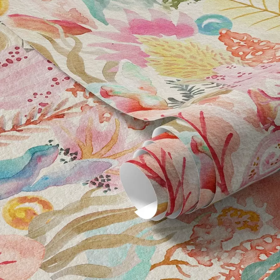 wall murals Watercolour underwater garden with corals and seaweed a01083