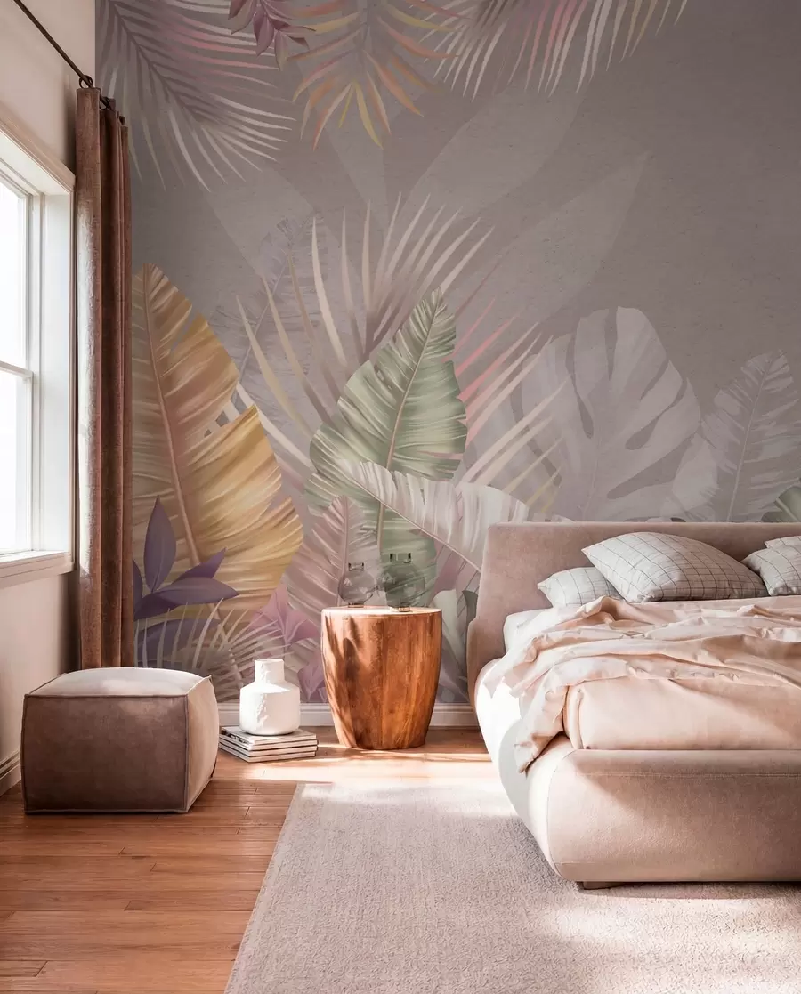 wall murals Tropical leaves in soft pastel hues w01684