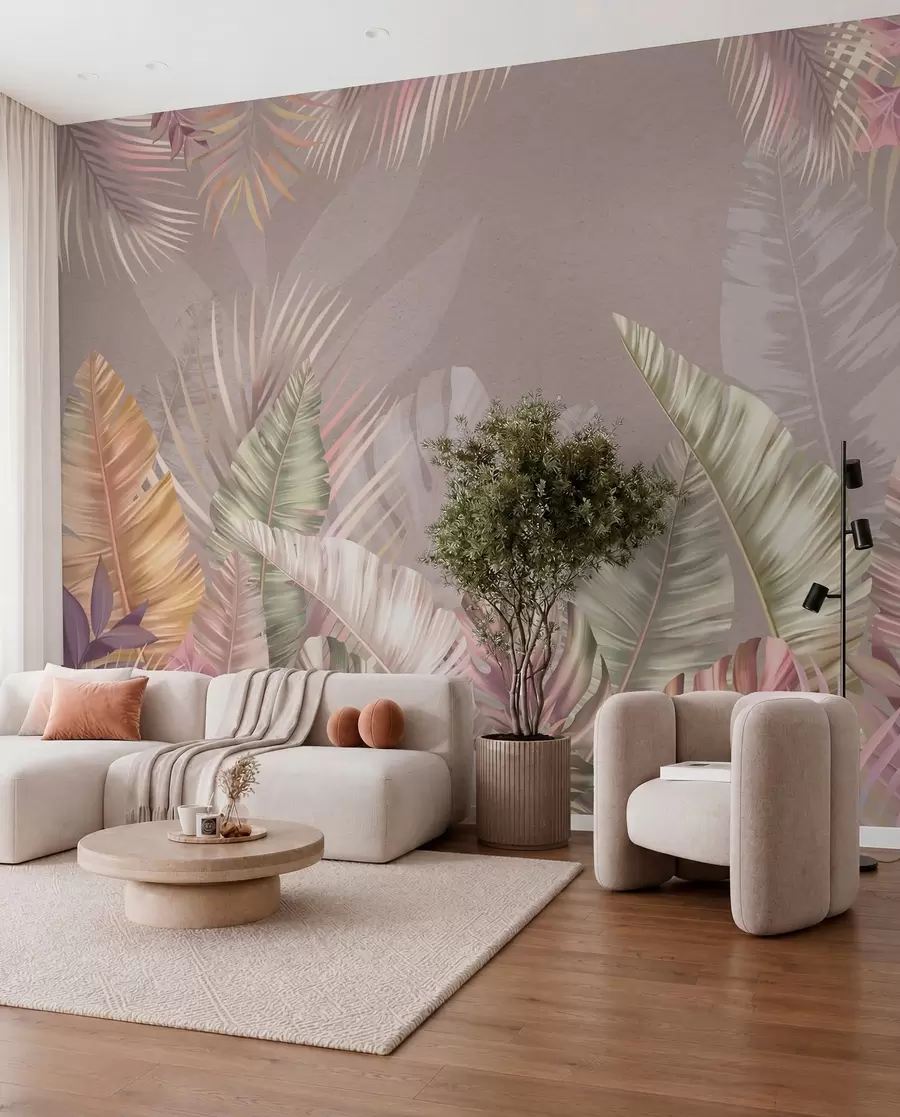 Wall Mural Photo Wallpaper Tropical leaves in soft pastel hues w01684