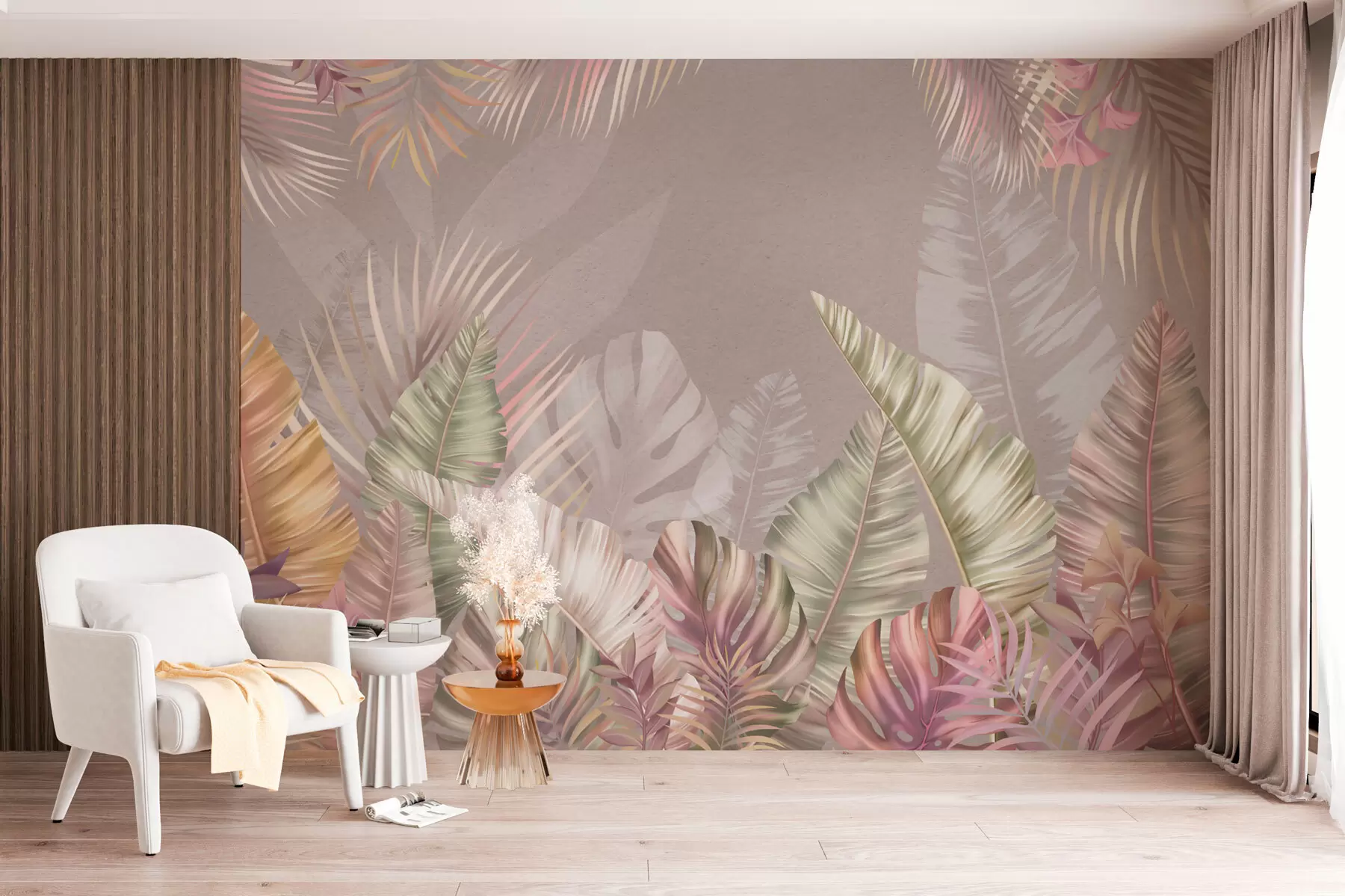 Wall Mural Photo Wallpaper Tropical leaves in soft pastel hues w01684