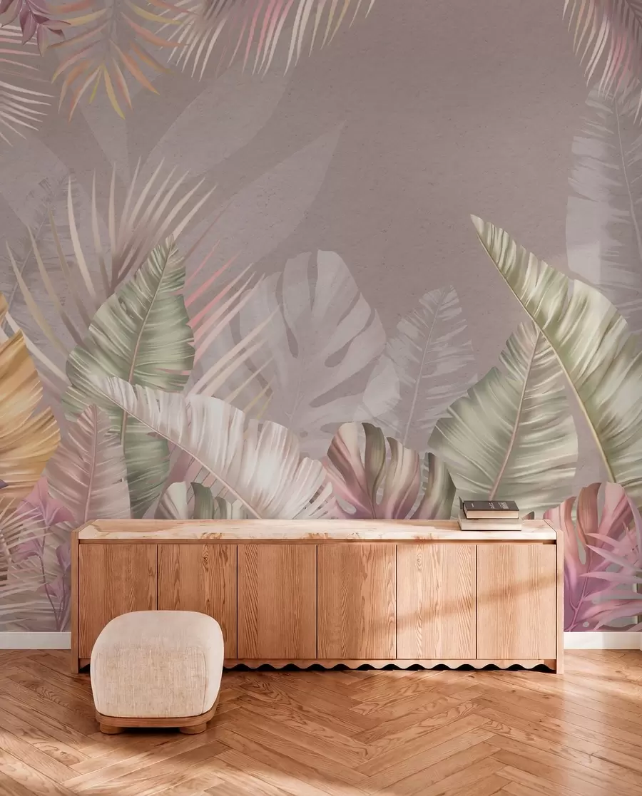 peintures murales Feuilles tropicales aux teintes pastel douces w01684