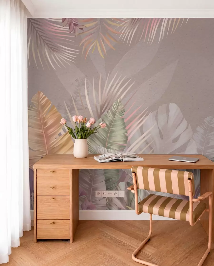 wall murals Tropical leaves in soft pastel hues w01684