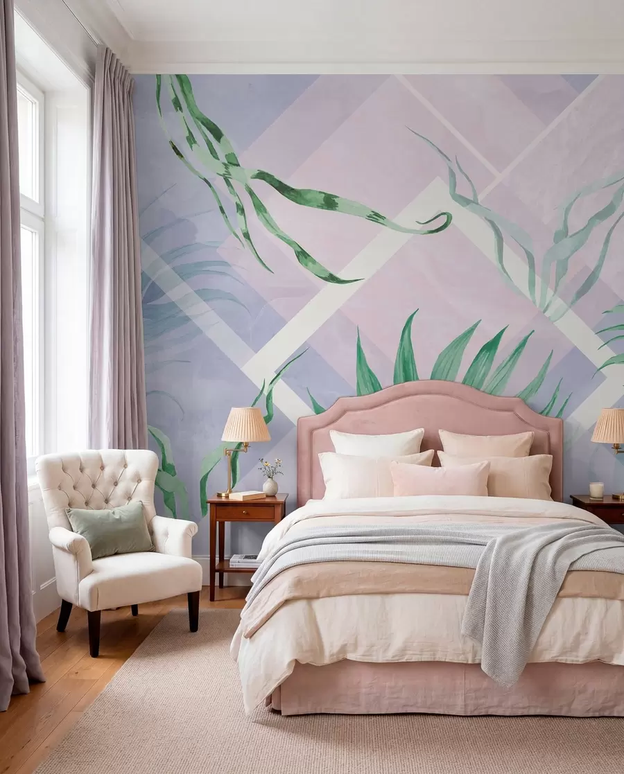 wall murals Lush greens on soft pastel backdrop w01625