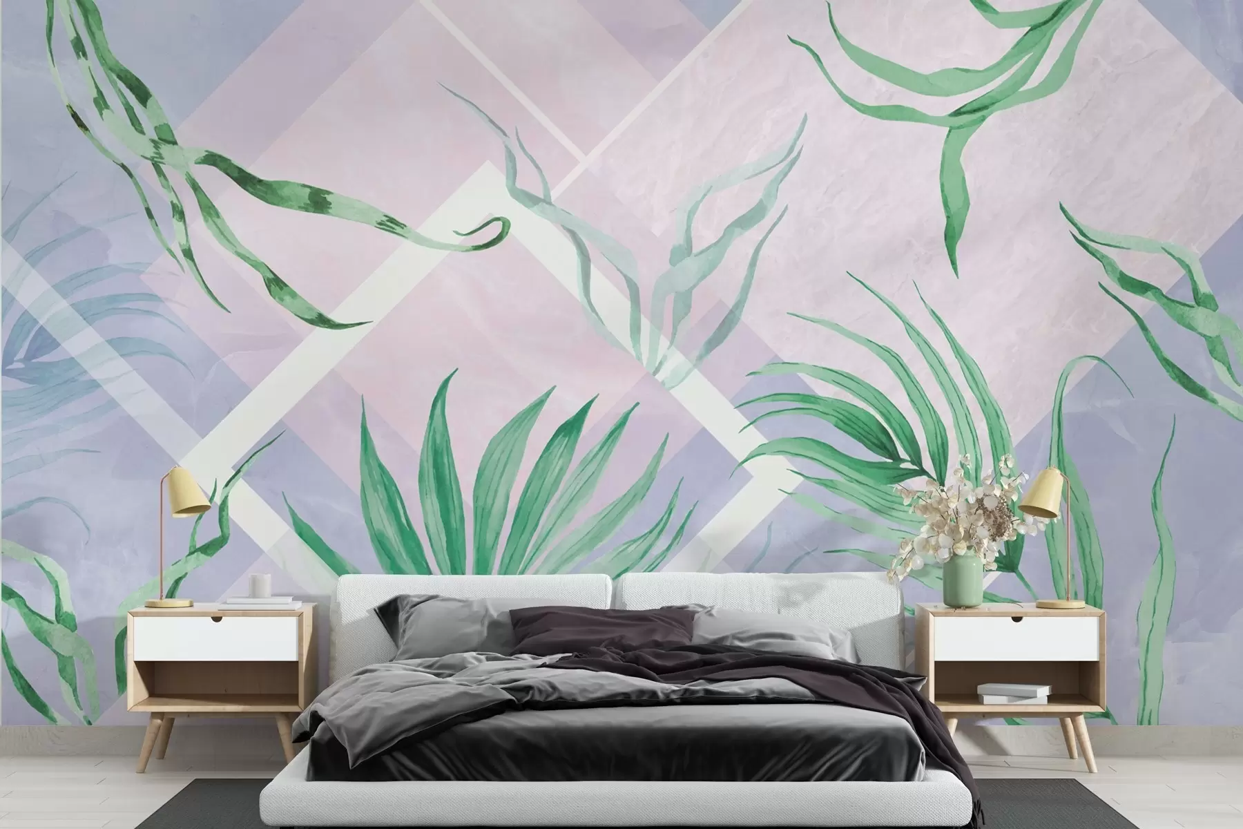 wall murals Lush greens on soft pastel backdrop w01625