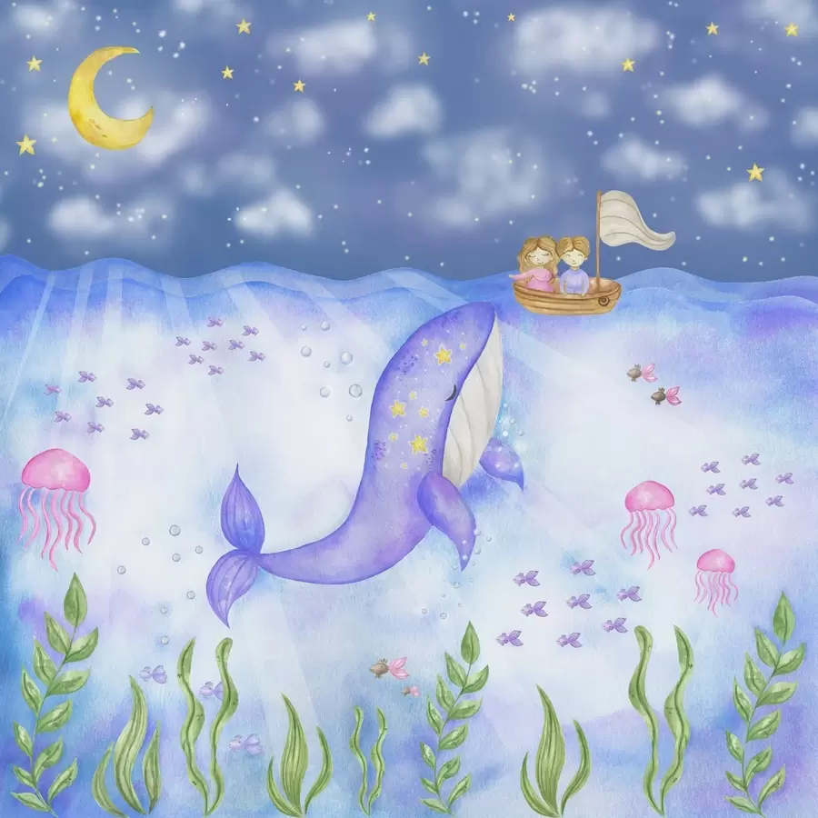 wall murals Whale swims beneath a starry night w01965