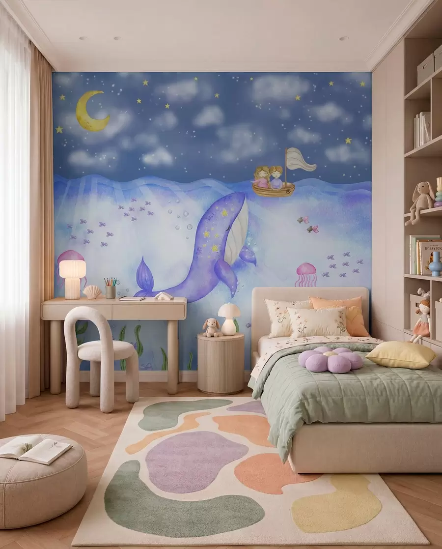 wall murals Whale swims beneath a starry night w01965