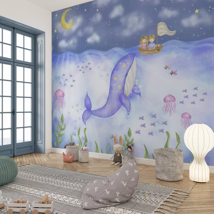 wall murals Whale swims beneath a starry night w01965