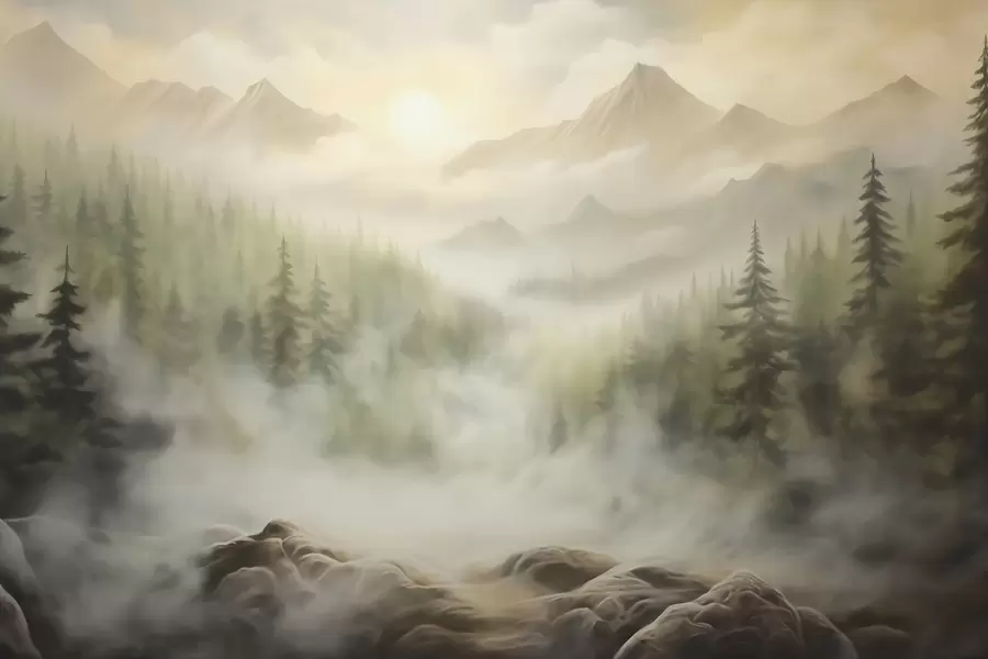 Wall Mural Photo Wallpaper Forest in the fog against the backdrop of mountains w04730