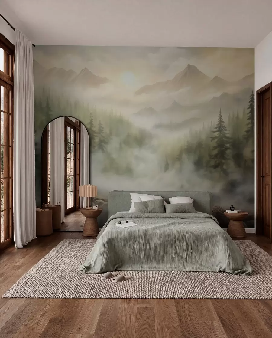 peintures murales Forêt dans le brouillard avec les montagnes en arrière-plan w04730