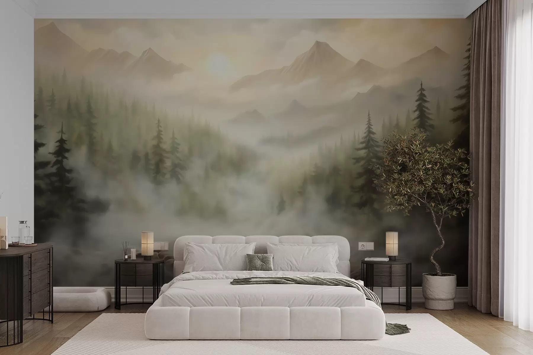 wall murals Forest in the fog against the backdrop of mountains w04730