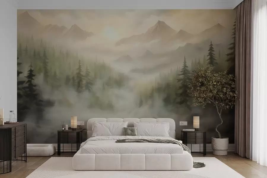 peintures murales Forêt dans le brouillard avec les montagnes en arrière-plan w04730
