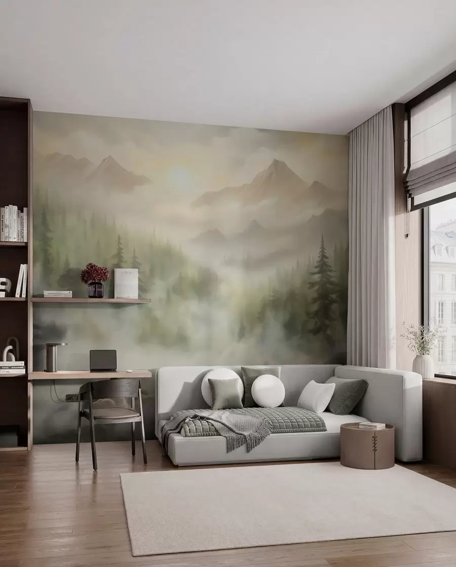 peintures murales Forêt dans le brouillard avec les montagnes en arrière-plan w04730