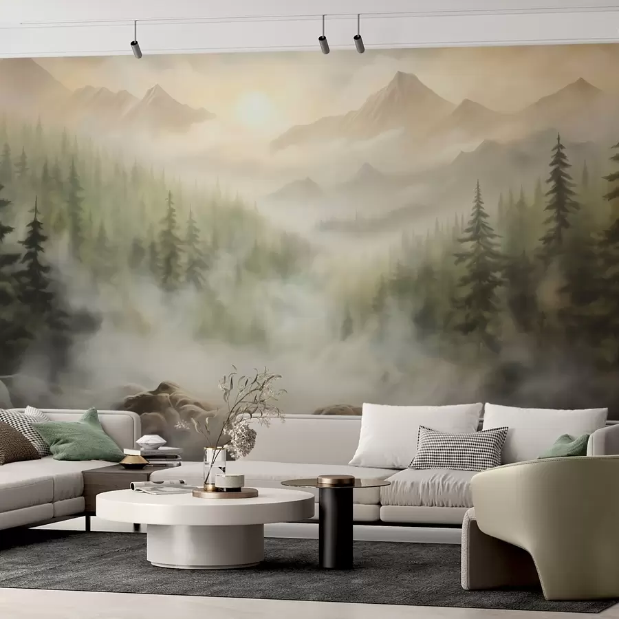 peintures murales Forêt dans le brouillard avec les montagnes en arrière-plan w04730