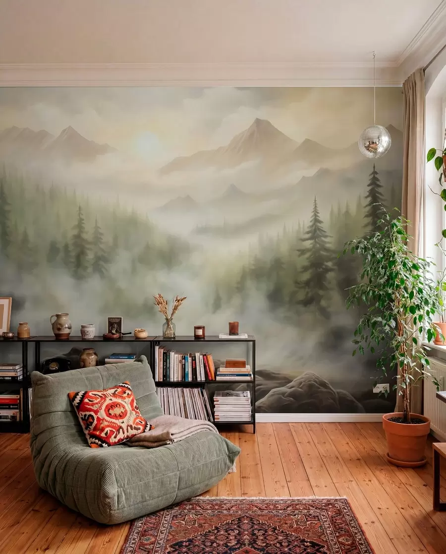 Wall Mural Photo Wallpaper Forest in the fog against the backdrop of mountains w04730