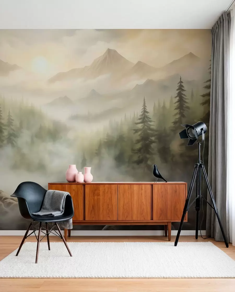 Wall Mural Photo Wallpaper Forest in the fog against the backdrop of mountains w04730
