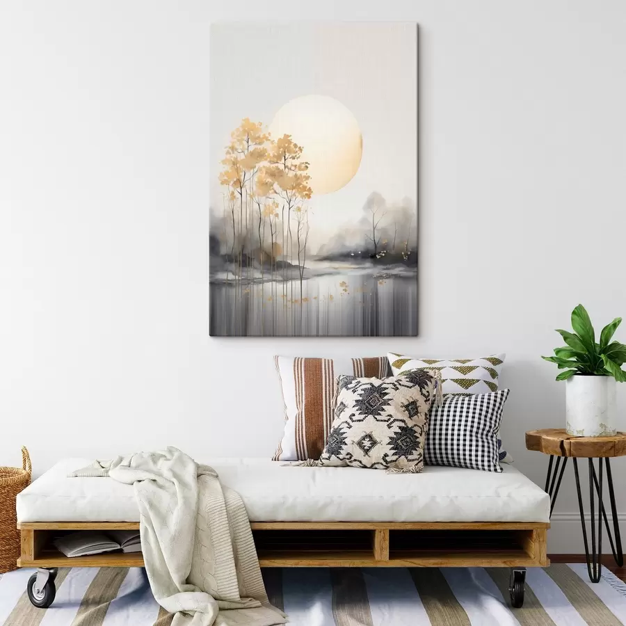 murales Paisaje abstracto decorativo, árboles altos con hojas amarillas, un río y niebla al fondo s47014