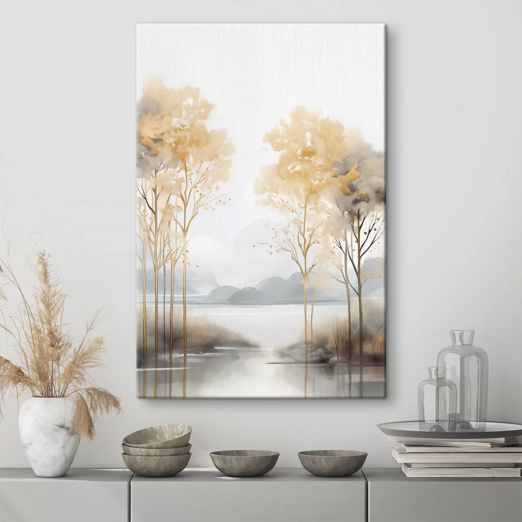 wall murals Decorative abstract landscape, tall trees with yellow leaves, a river, and fog in the background s47015