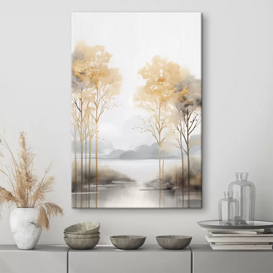 wall murals Decorative abstract landscape, tall trees with yellow leaves, a river, and fog in the background s47015