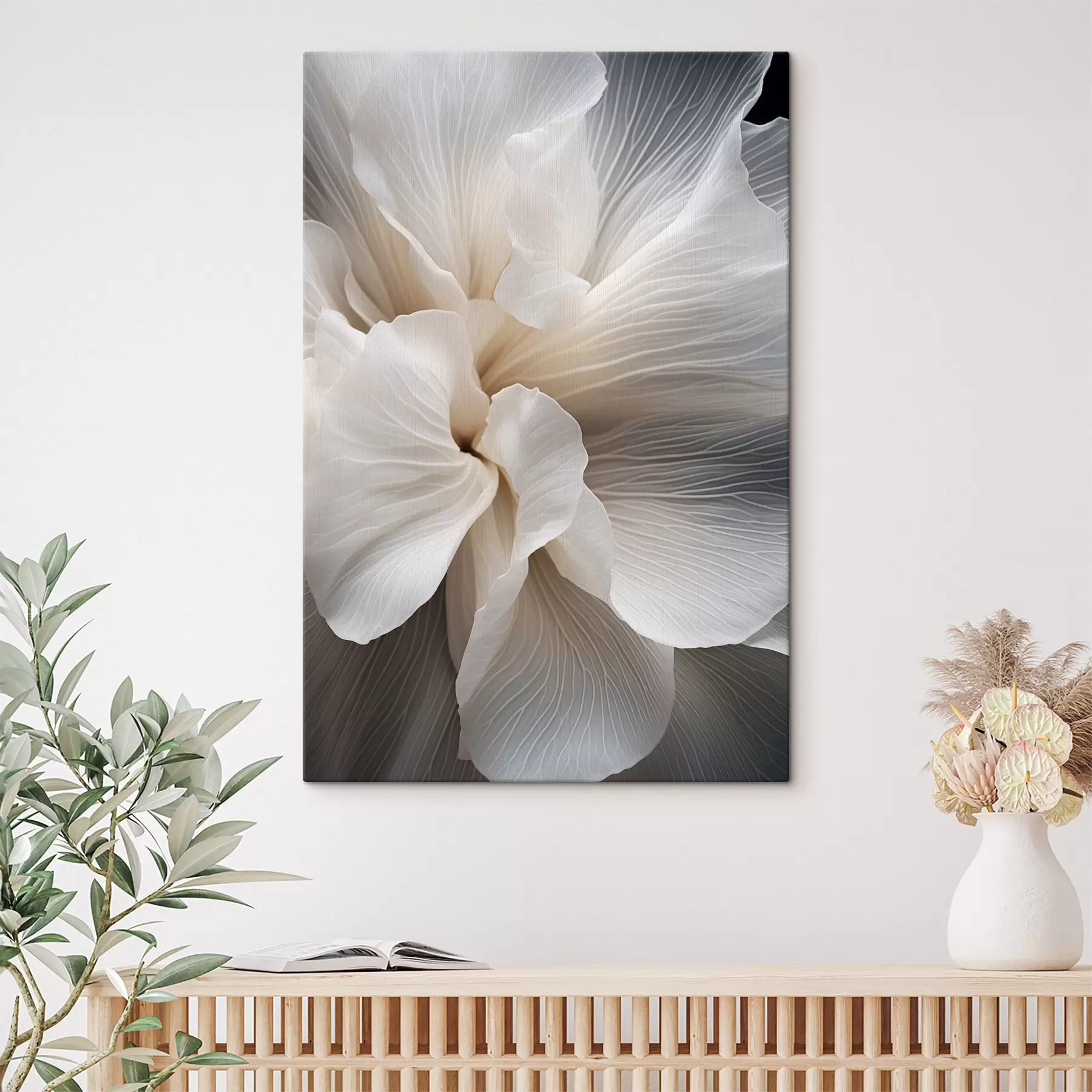 wall murals Close-up of delicate abstract white floral petals with intricate lines and a blurred dark background s47018