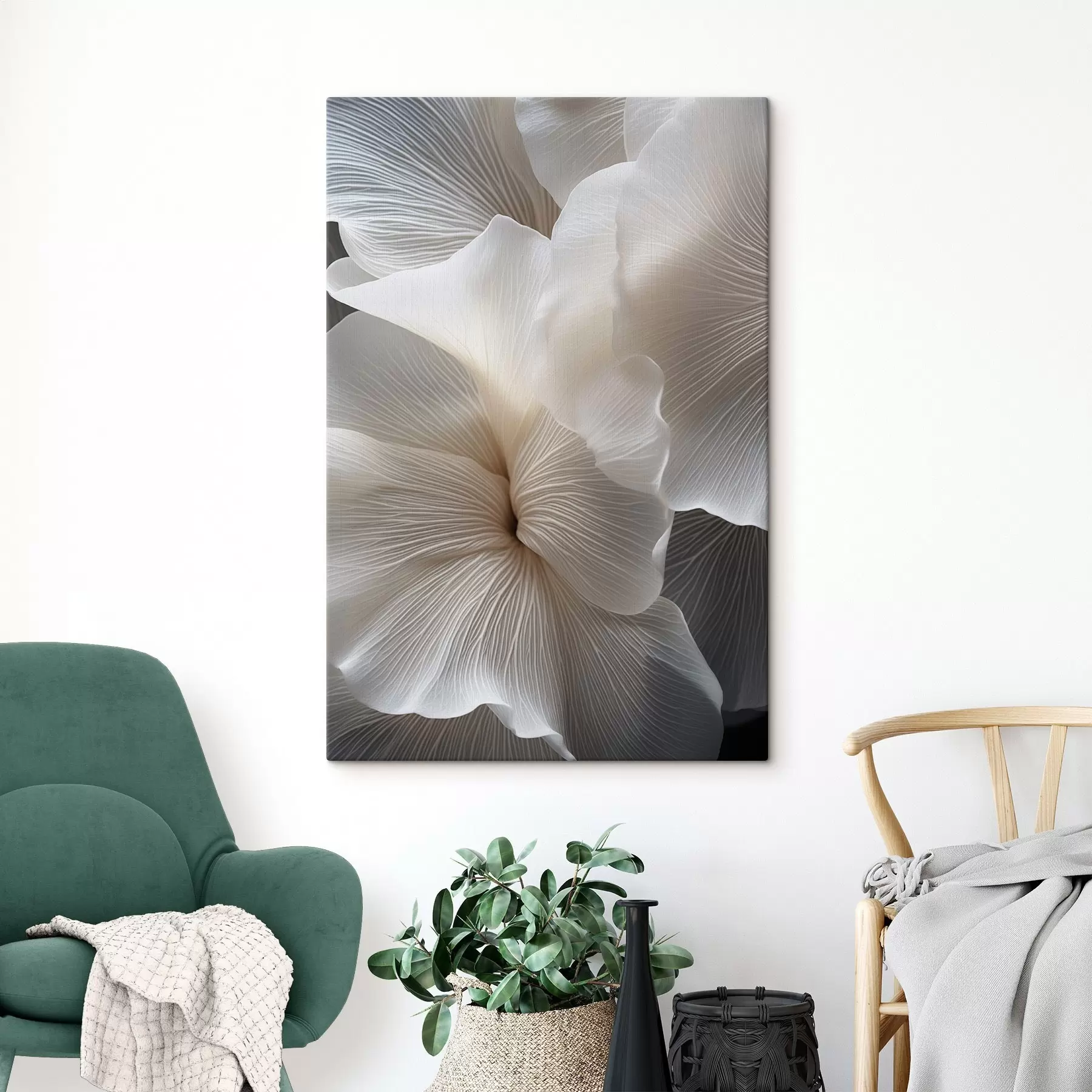 wall murals Close-up of delicate abstract white floral petals with intricate lines and a blurred dark background s47019