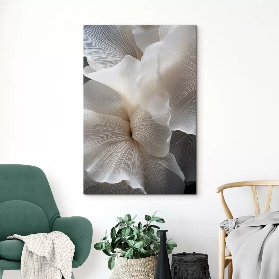 murales Primer plano de delicados pétalos florales blancos abstractos con líneas intrincadas y un fondo oscuro difuminado s47019