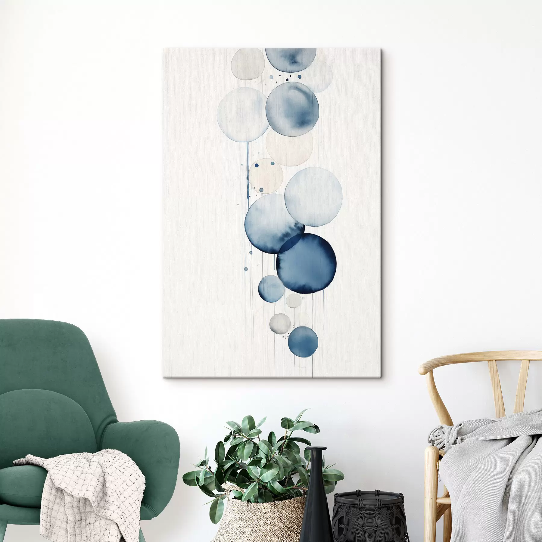 wall murals Abstract textured blue and white watercolor circles of varying sizes, against a white background s47020