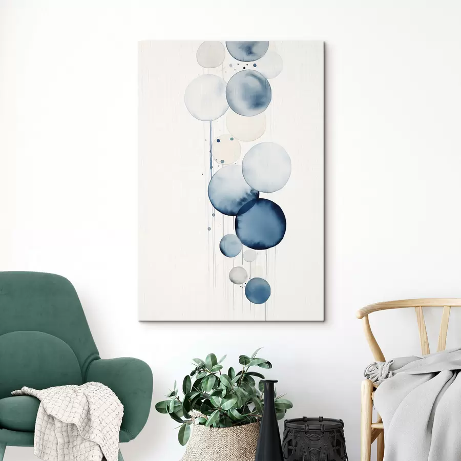 murales Círculos abstractos con textura azul y blanca en acuarela de diferentes tamaños, sobre fondo blanco s47020