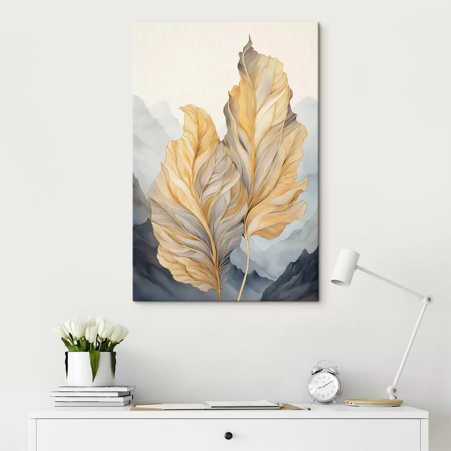 murales Hojas abstractas grandes, amarillas y marrones con detalles intrincados, sobre un paisaje montañoso s47023
