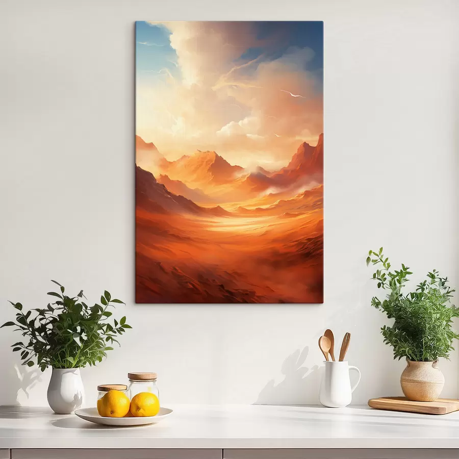 murales Un vasto paisaje desértico de color naranja con imponentes montañas rocosas bajo un cielo brumoso y soleado con nubes tenues s47028