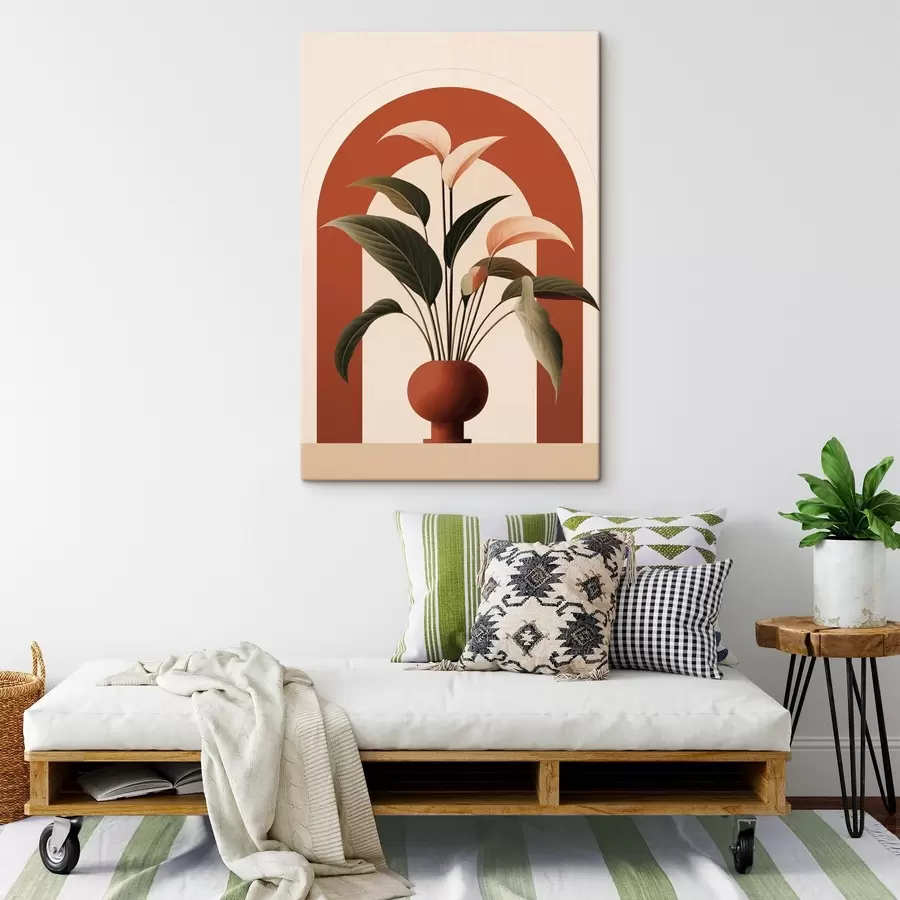 wall murals Abstract potted plant with large green and beige leaves in front of a cream-colored archway with a terracotta accent s47032