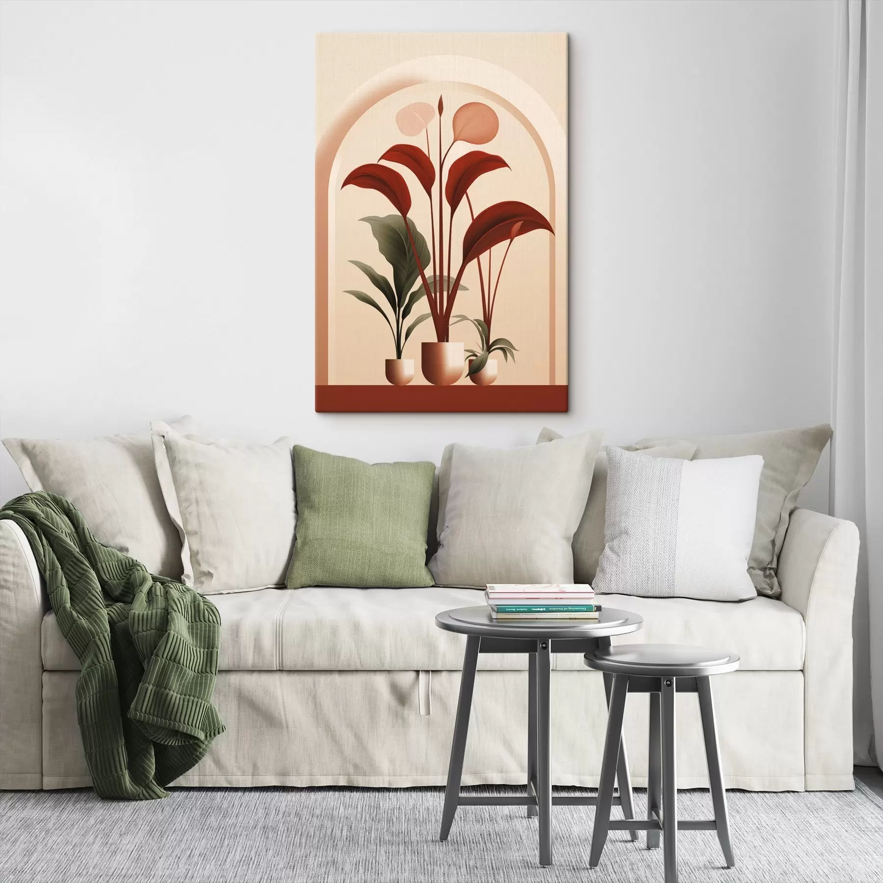 wall murals Abstract potted plants with large green and red leaves in front of a cream-colored archway s47033